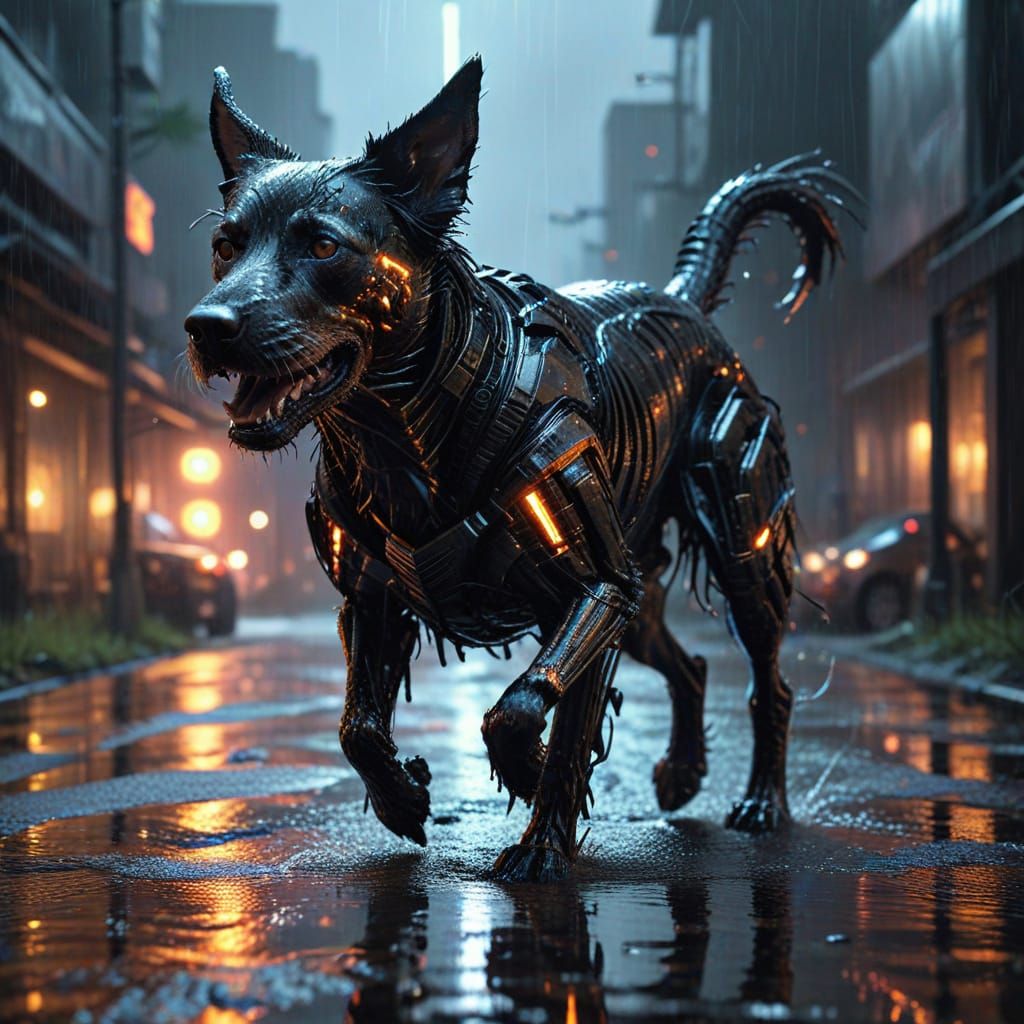 Cybernetic Dog Running: Sci-Fi Horror in Grunge Style