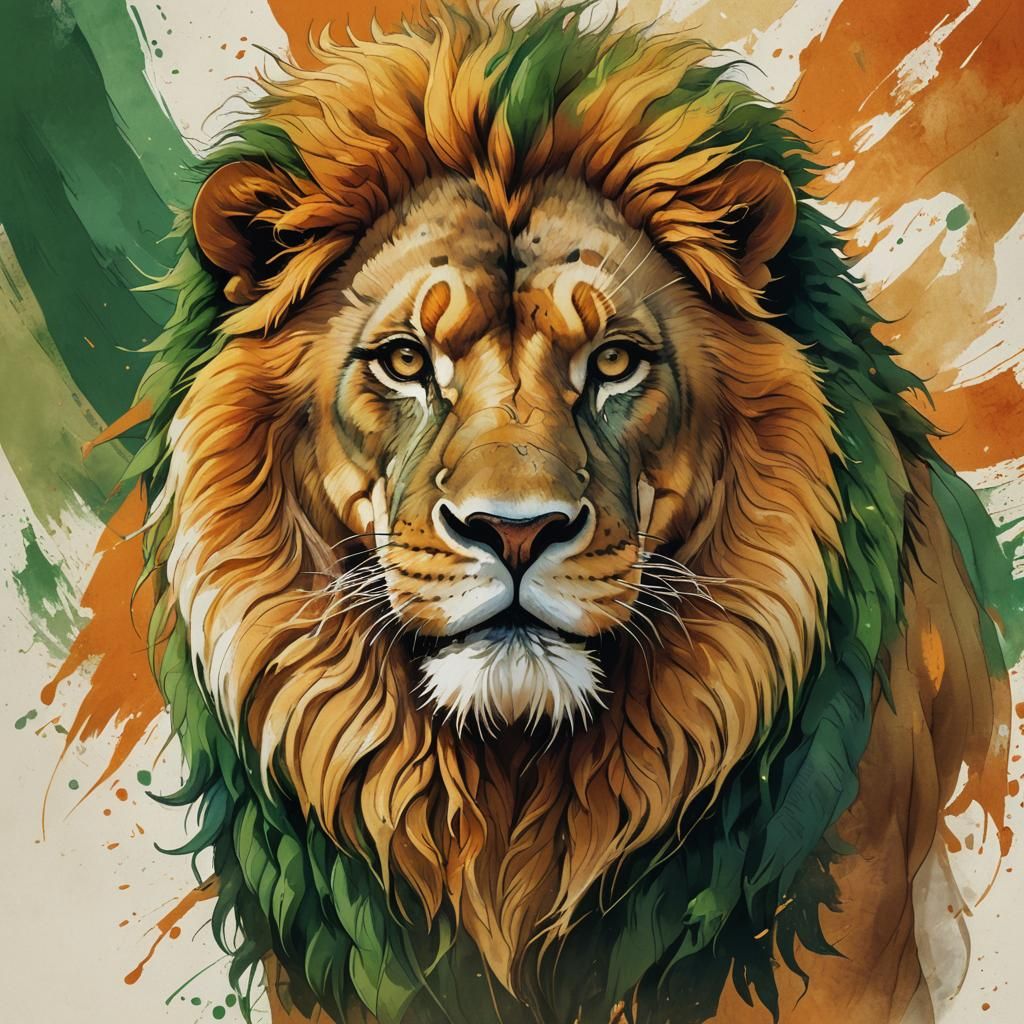 Proud Indian Lion in Watercolor Flag Illustration