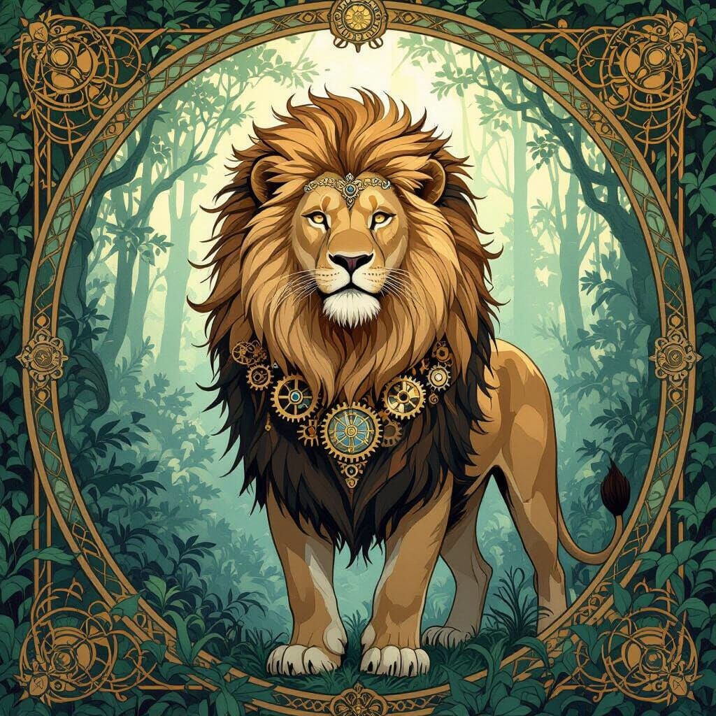 Clockwork Lion in Mystical Forest, Art Nouveau Style