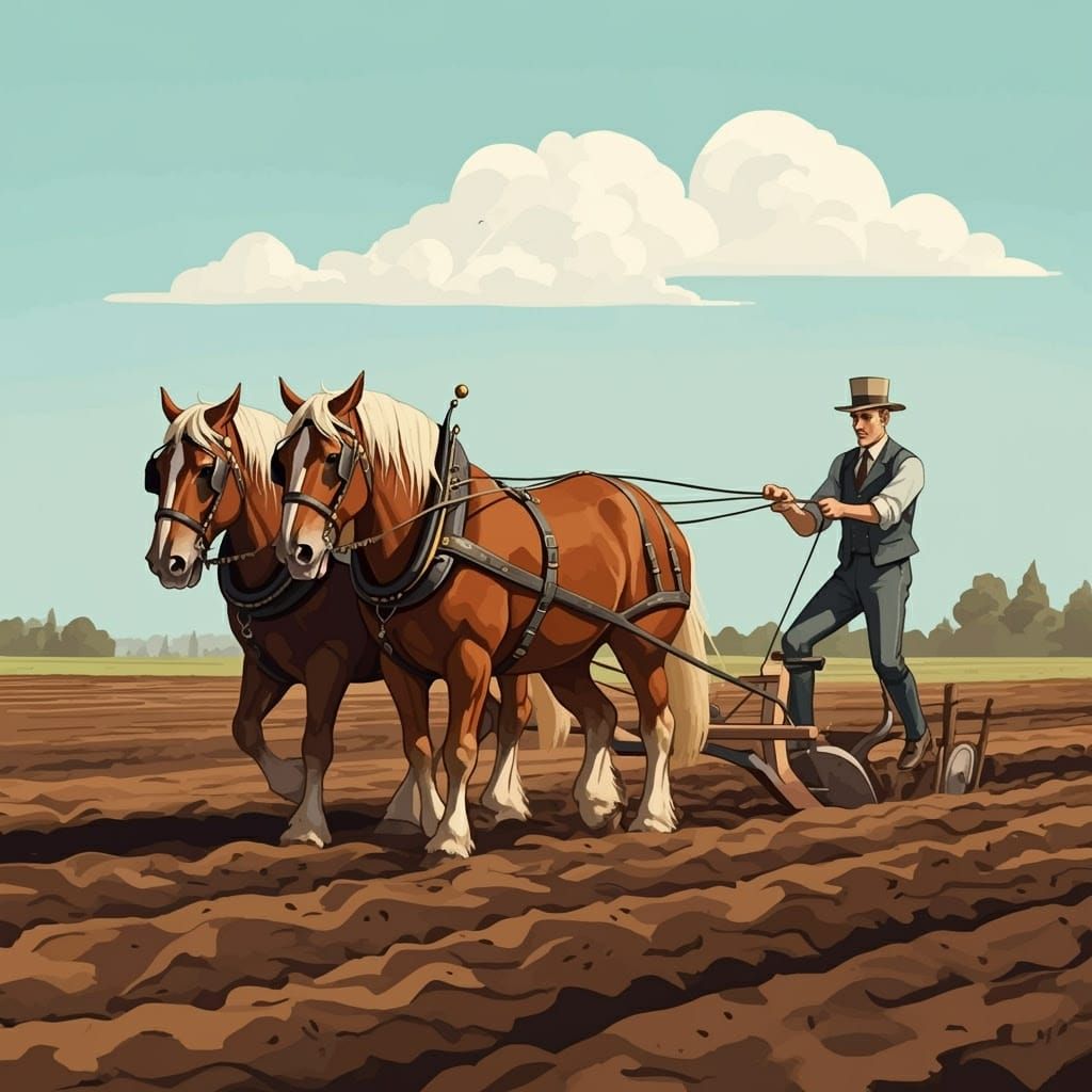 Vintage-Style Draft Horses in a Field