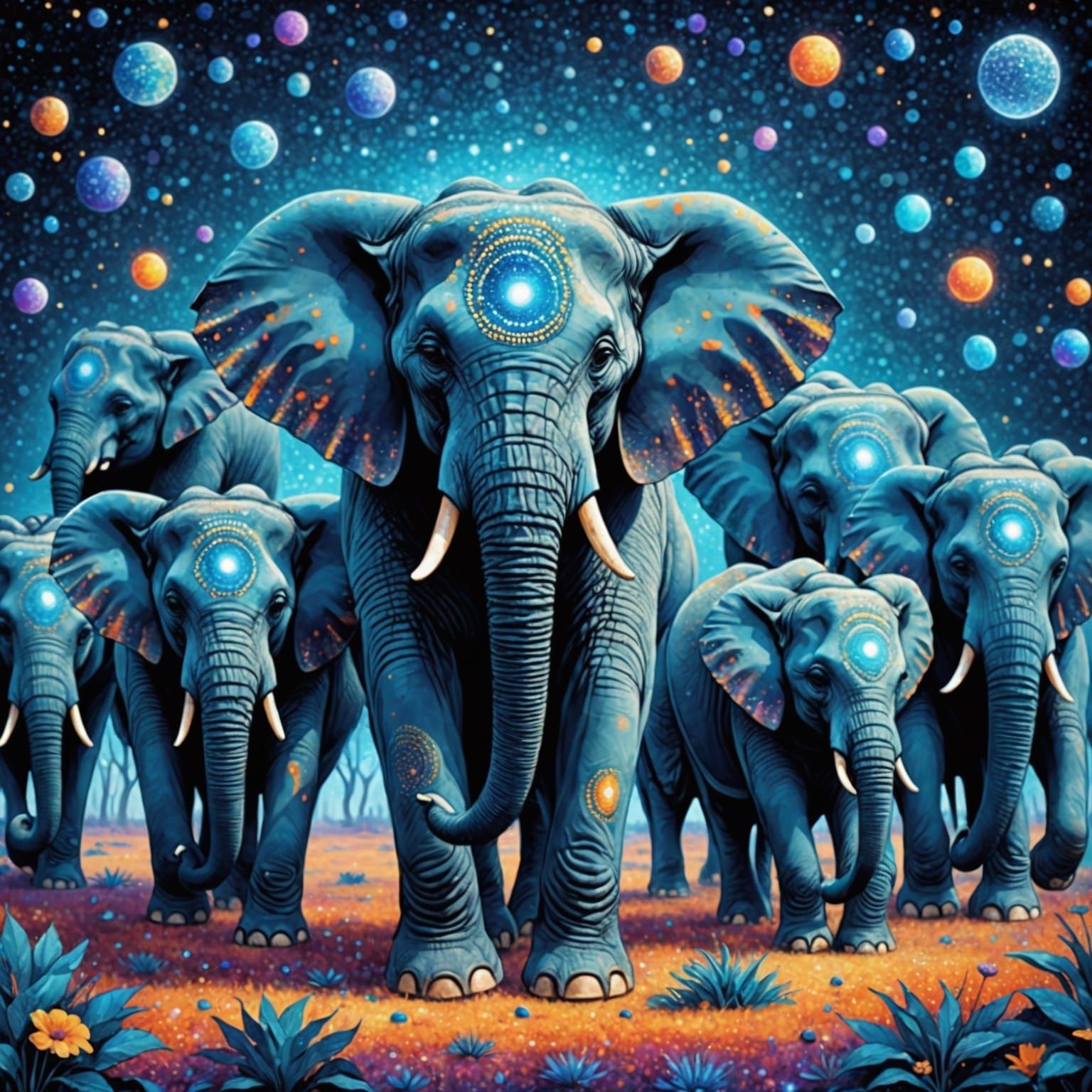Blue Elephants in Pointillism Style, Chibi Eyes