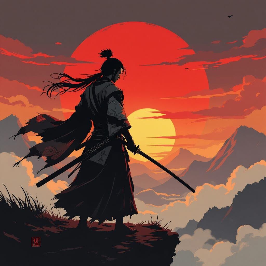 Samurai on Cliff at Fiery Sunset in Ukiyo-e Style