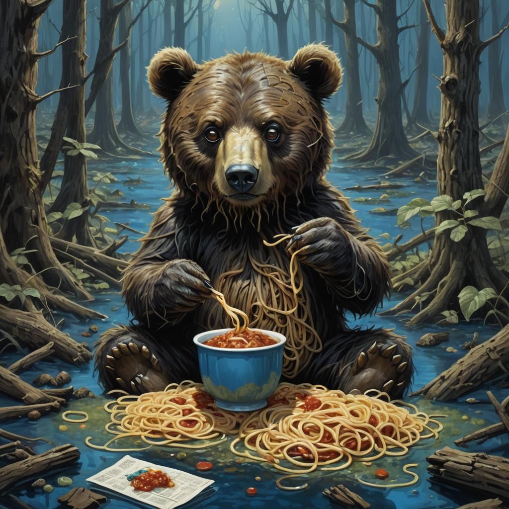 Bear Reads News in Swamp, Sinister Art