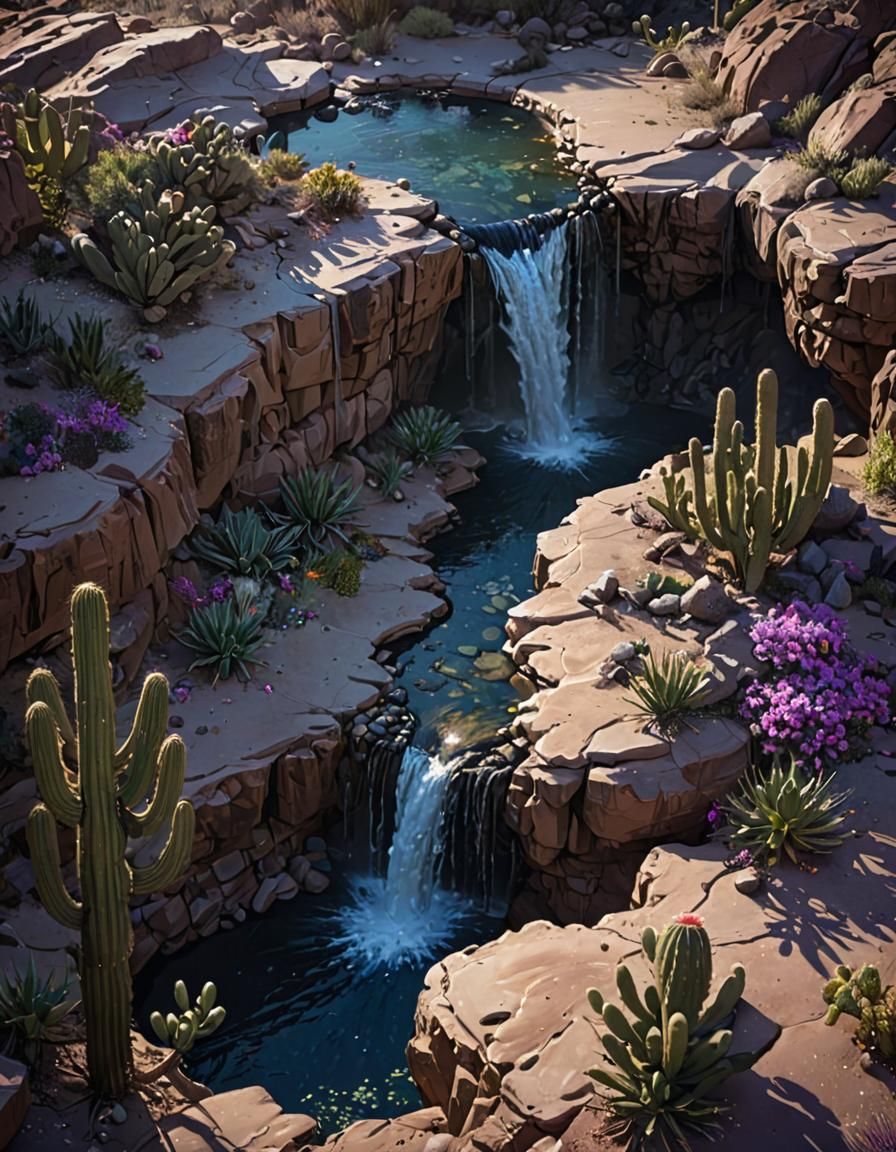 Desert Spring Waterfall Oil Painting with Moonrise
