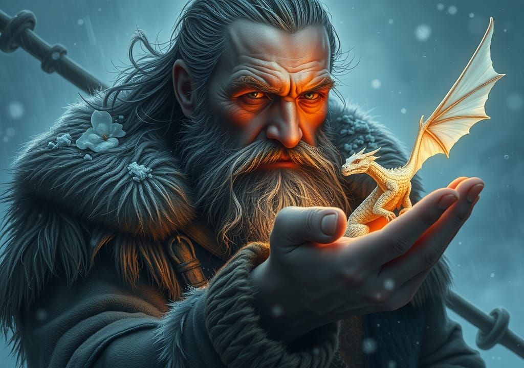 Viking Warrior and Dragon in a Blizzard