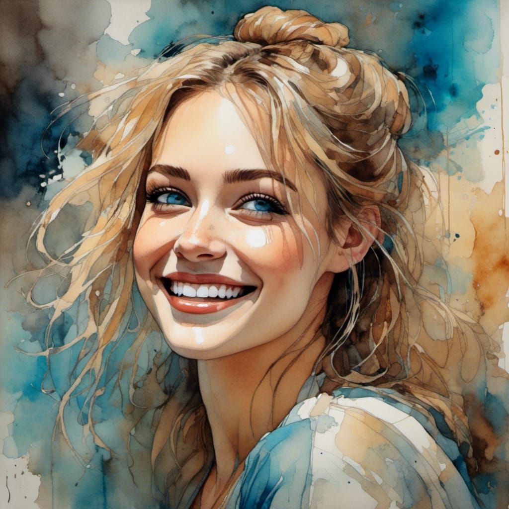 Smiling Woman Portrait in Neurographic Ink Style