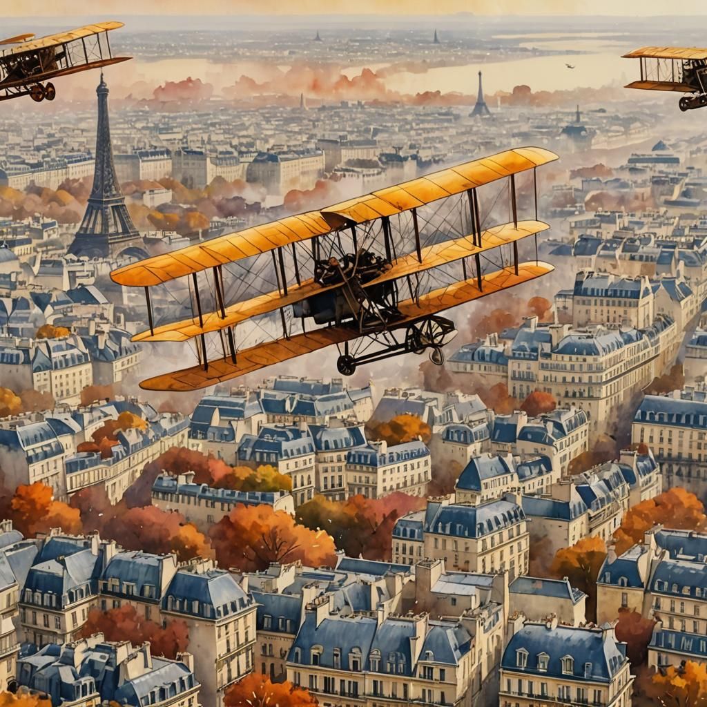the Wright brothers plane flies over Paris