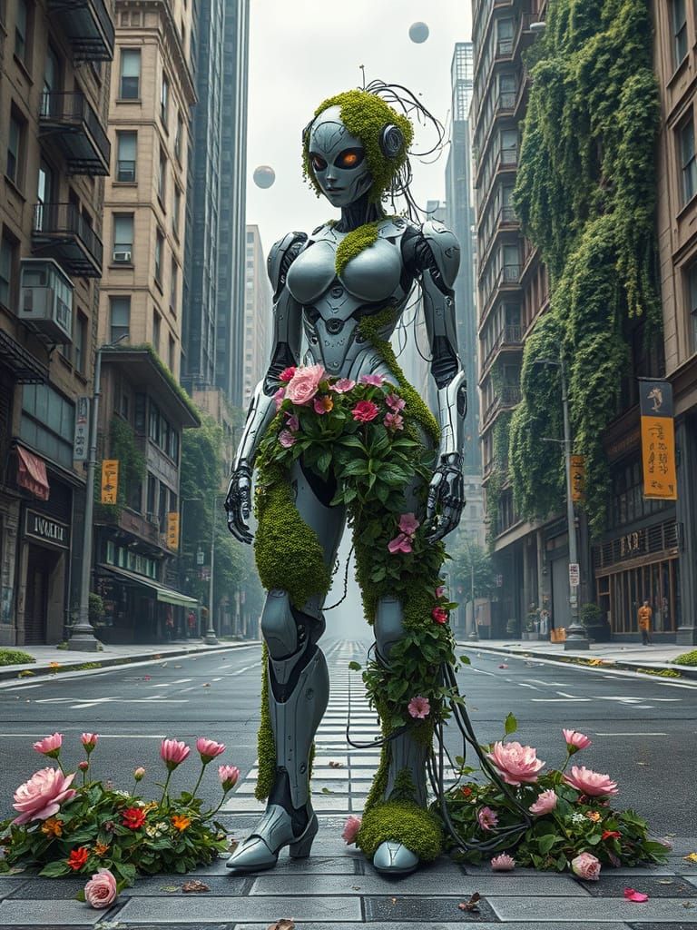 Cyberpunk Robot Reclaimed by Nature