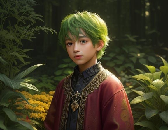 Whimsical Boy in Enchanting Fairy Garden