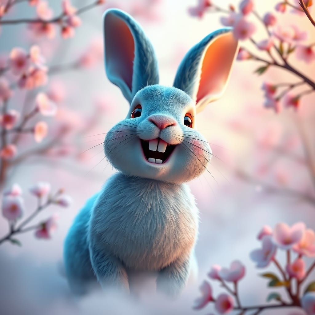 Blue Cherry Blossom Bunny in Pixar-Inspired 3D Art