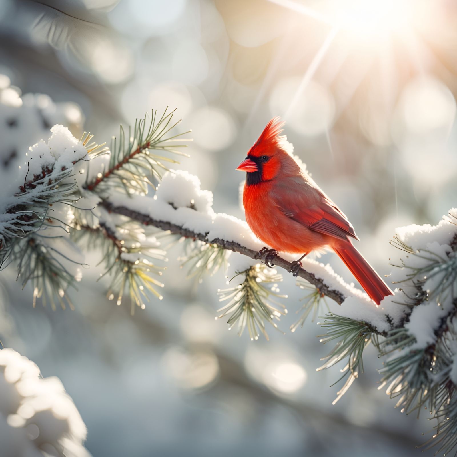 Cardinal on Snowy Branch in Divine Sunshine