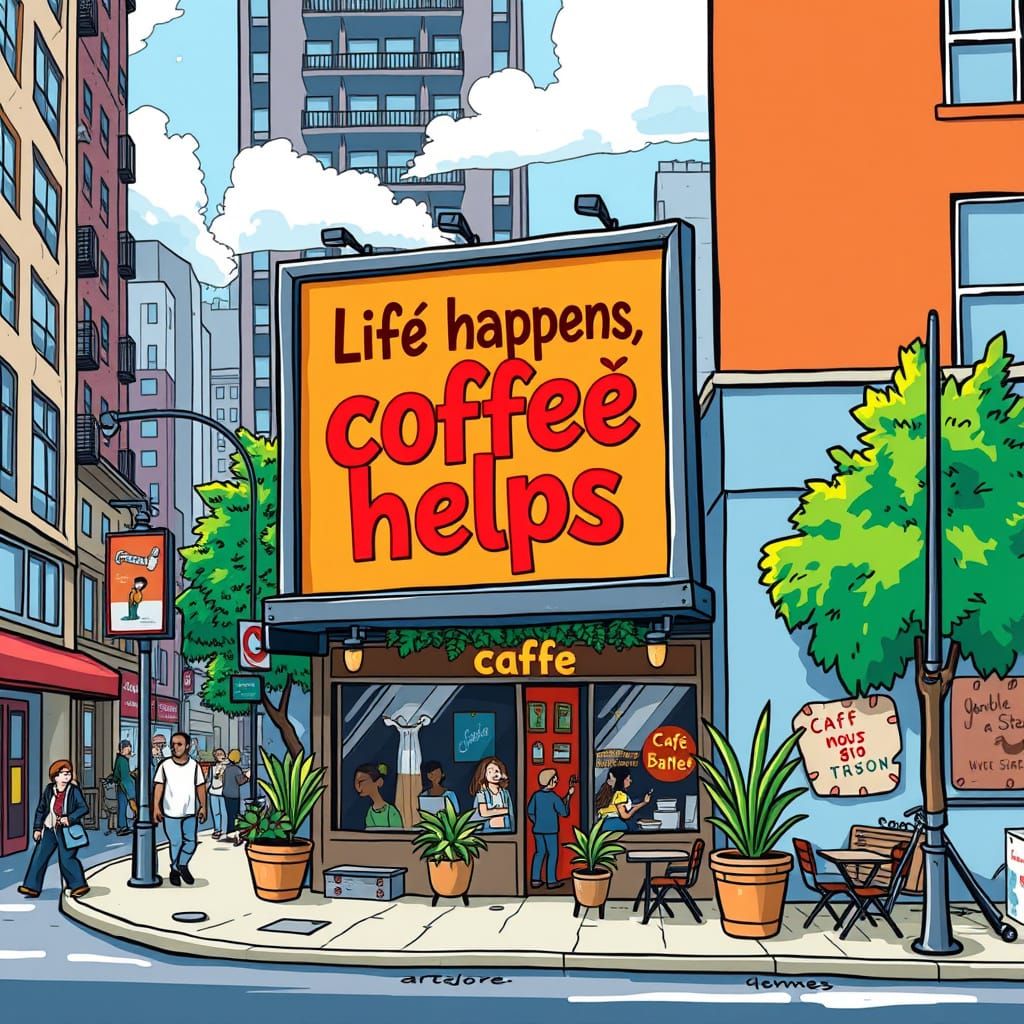 Vibrant City Street Scene with Whimsical Billboard