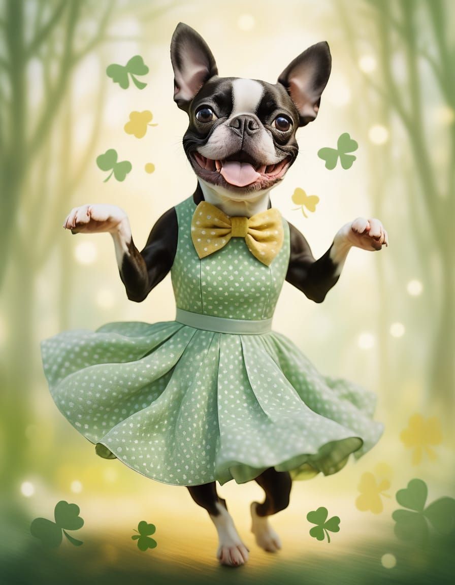 Whimsical Boston Terrier Dances in Green Polka Dotted Dress