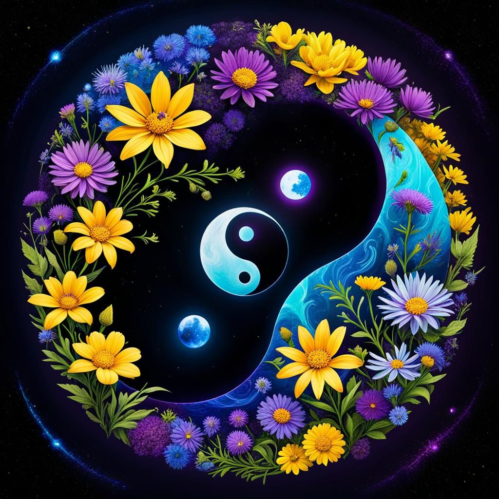 Bioluminescent Yin Yang Symbol with Wildflowers
