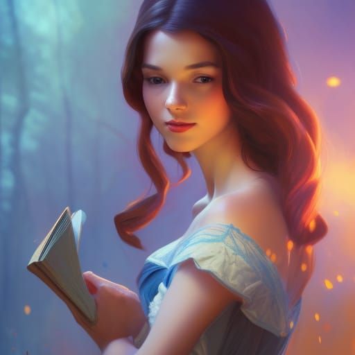 Belle Surrounded by Books, Hyperdetailed Portrait