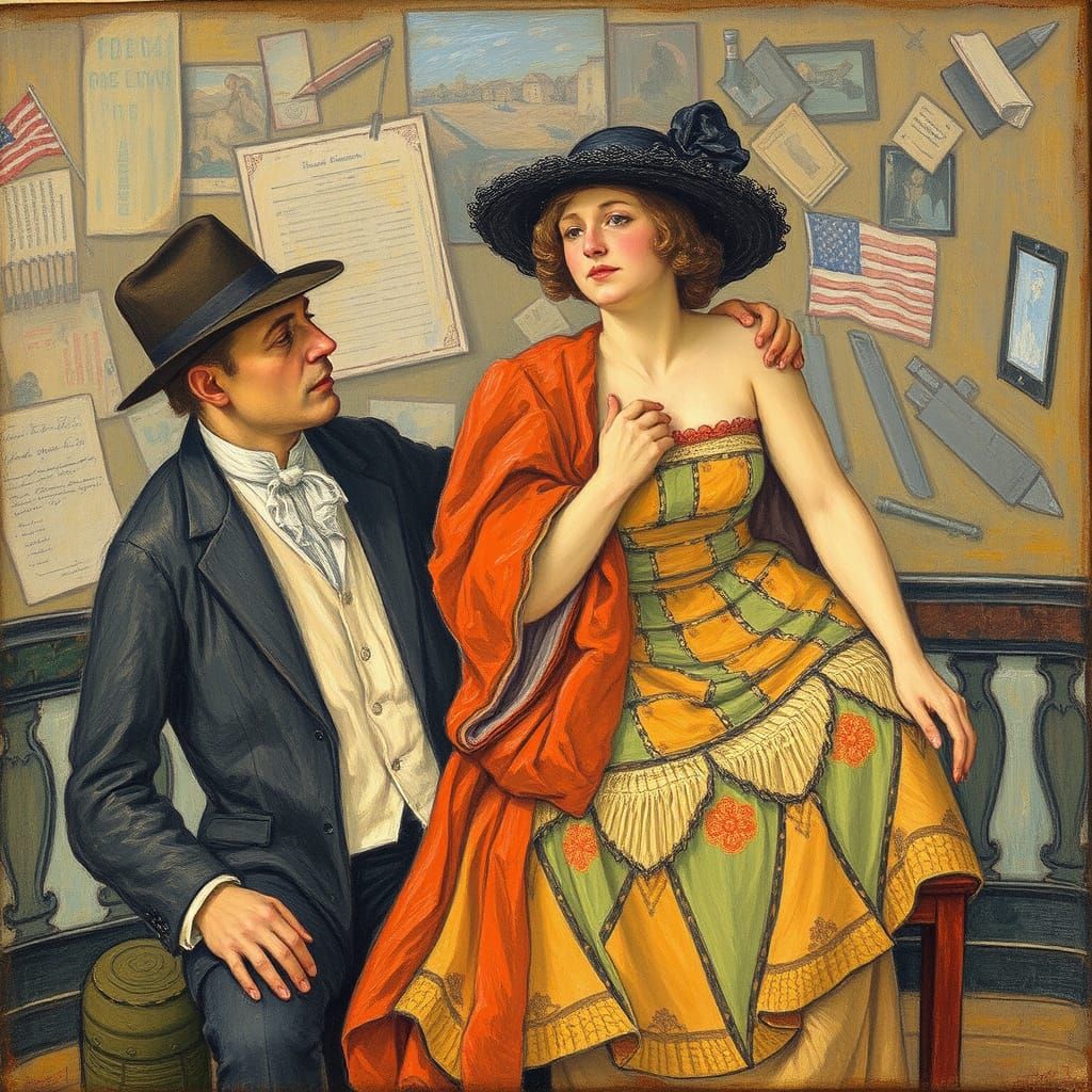 Allegorical Pointillist Oil Painting in Rops and Utrillo Sty...