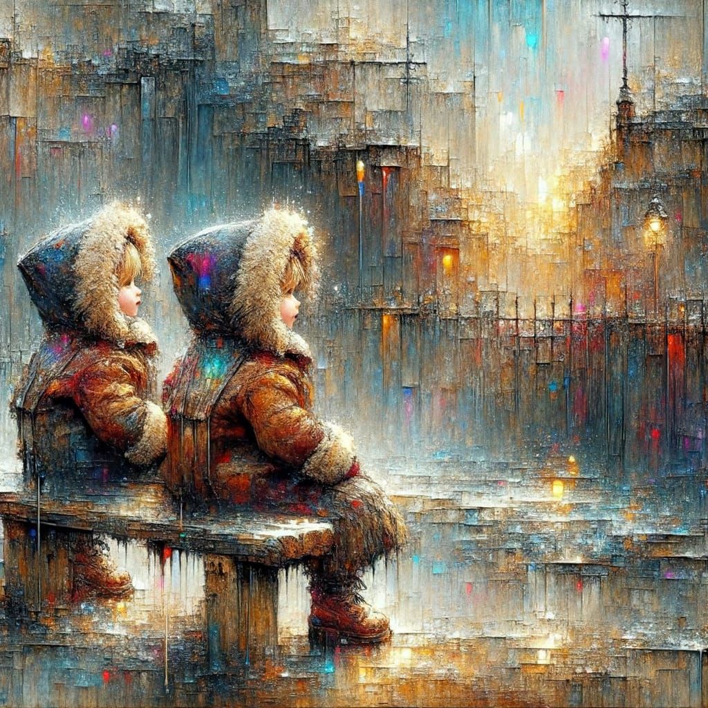 Vintage Children Huddled in Fur Coats on Fence