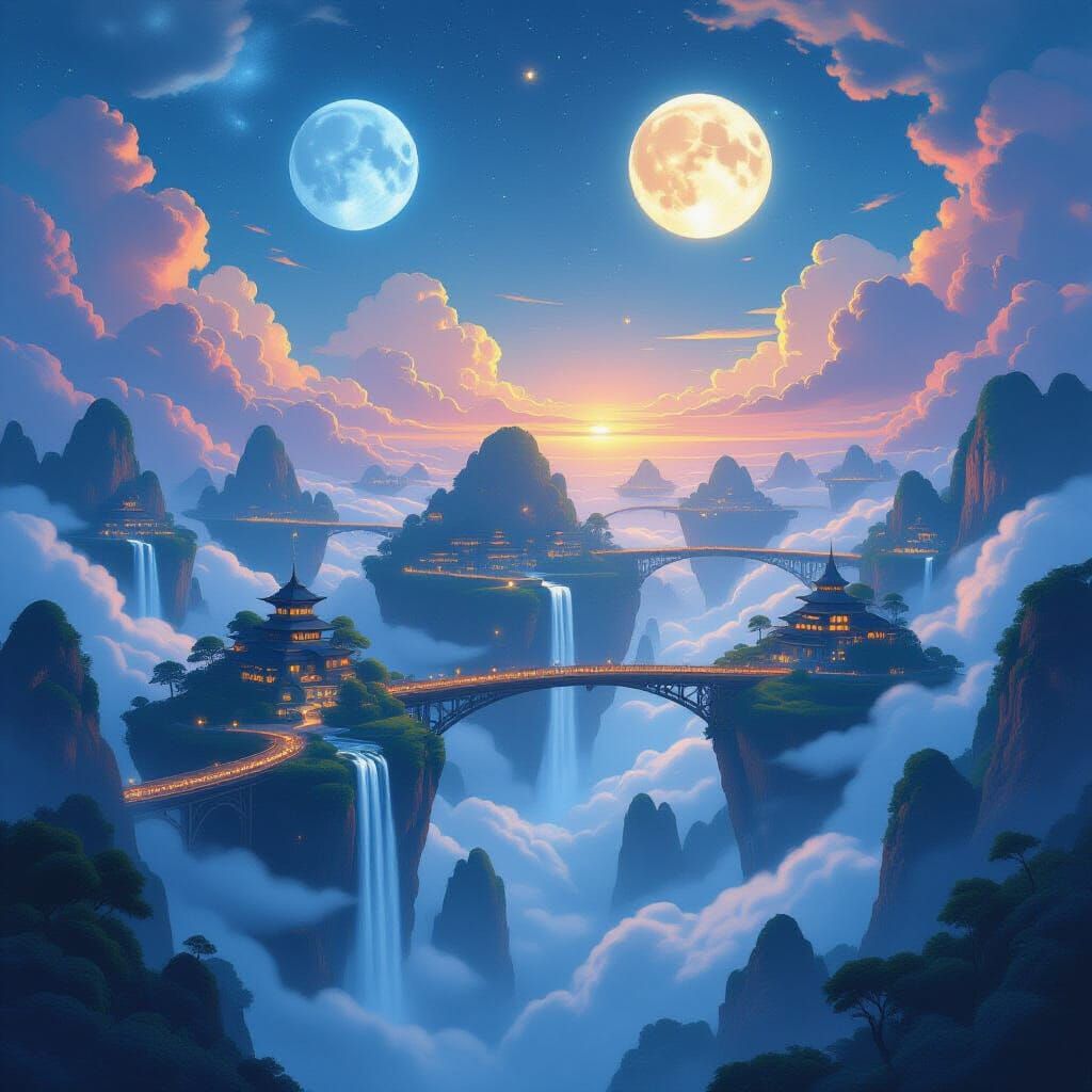 Floating Islands With Glowing Bridges and Twin Moons
