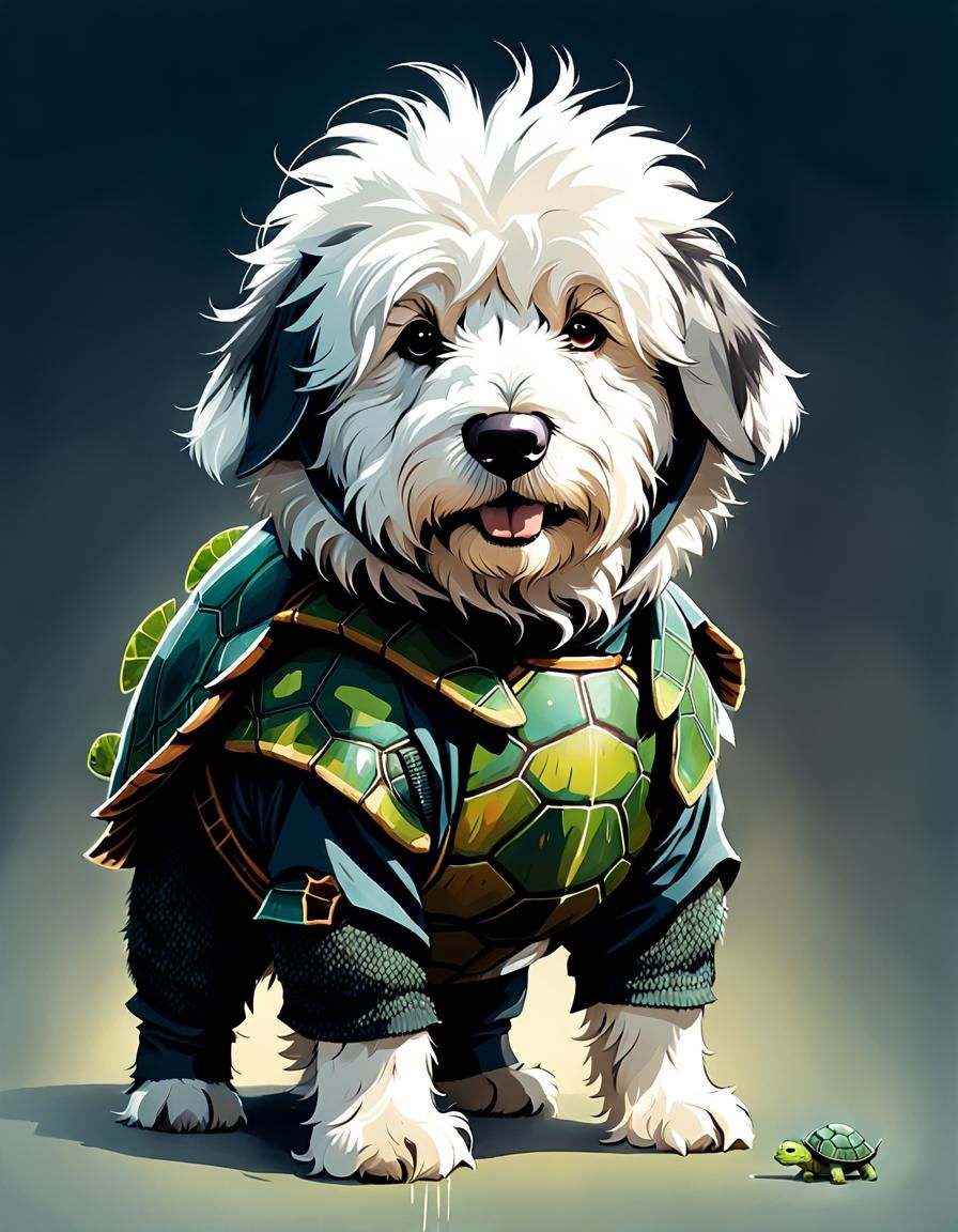 Old English Sheepdog in Turtle Costume