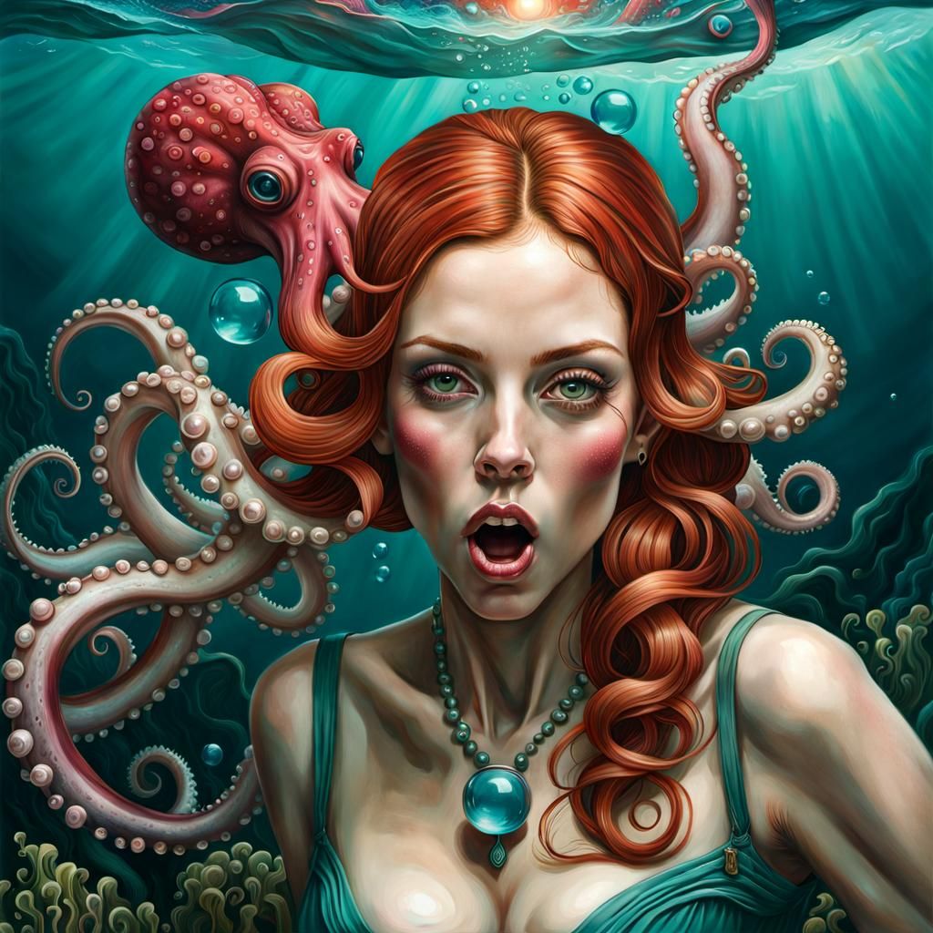 Underwater Redhead with Octopus Tentacles, Majolica Style
