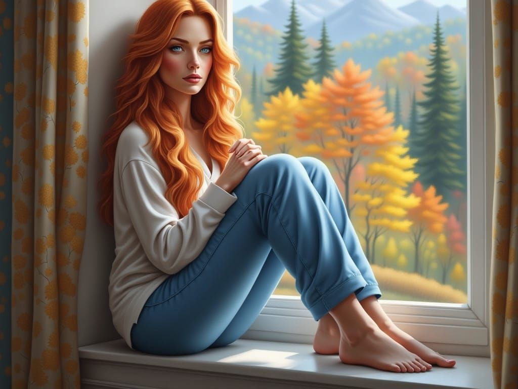 Red Haired Woman Relaxing on Window Sill