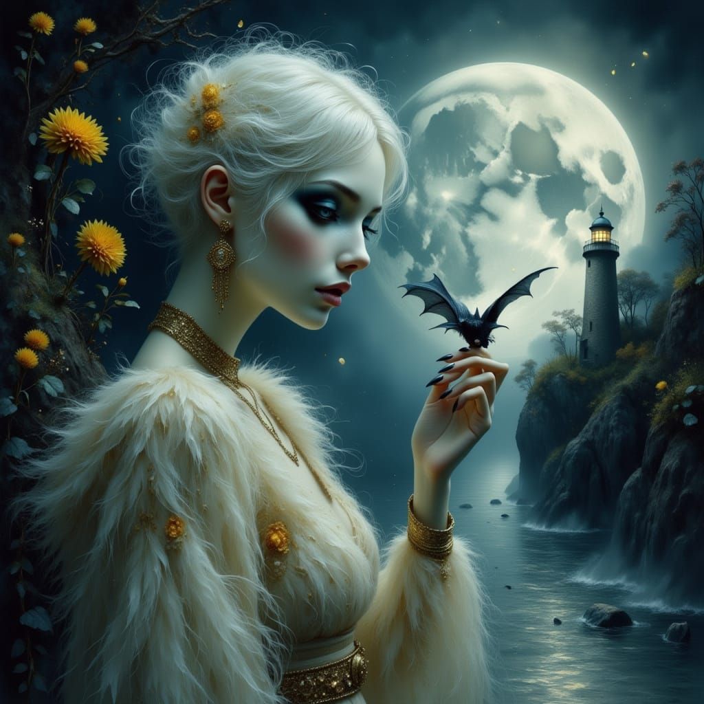 Gothic Albino Vampire with Bat, Dreamy Lighthouse Scene