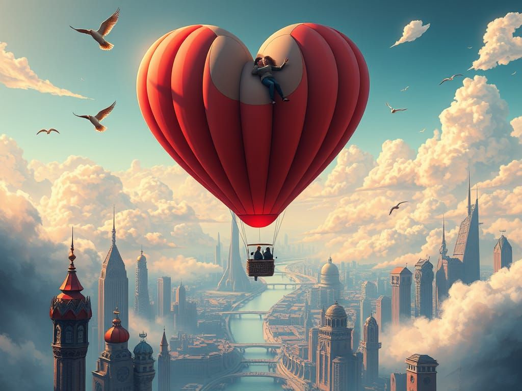 Couple Soars Above Futuristic City in Heart-Shaped Hot Air B...