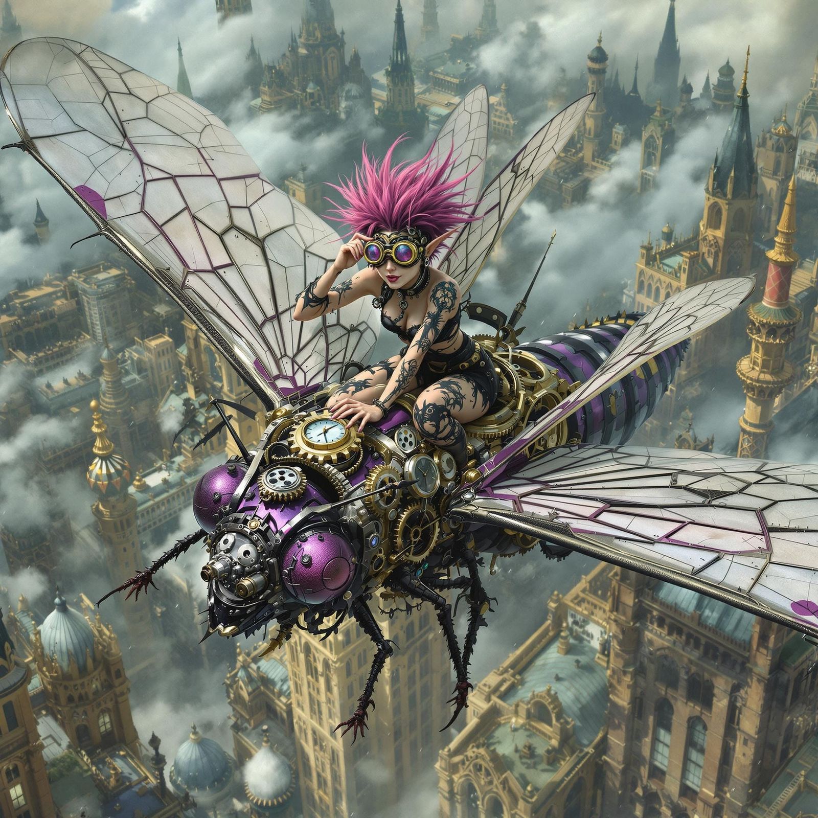 Gothic Pixie Rides Steampunk Dragonfly in Victorian Cityscap...