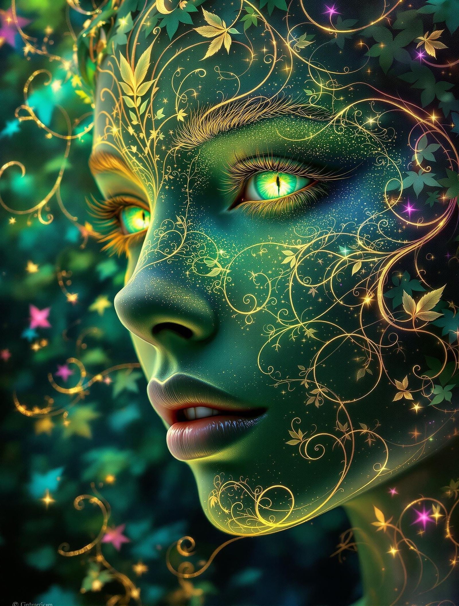 Ethereal Goddess with Iridescent Skin and Golden Accents