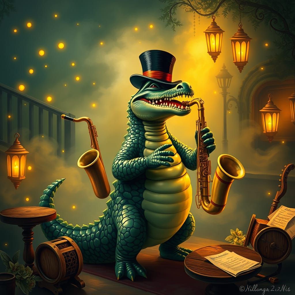 Alligator in Dapper Top Hat Plays Saxophone in Louisiana Juk...