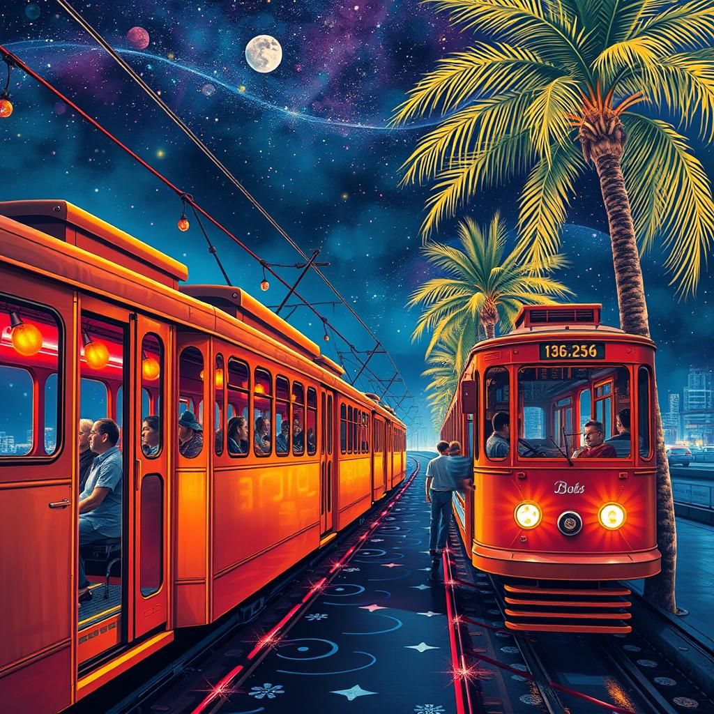Kumquat Trolleys Under Indigo Sky: Astral Illustration