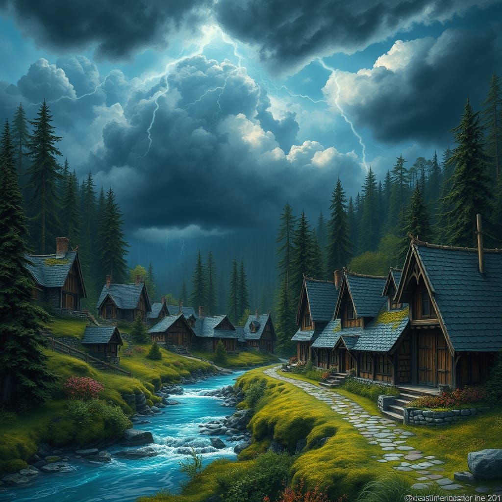 Stormy Village in Forest by Stream, Intricate Detail