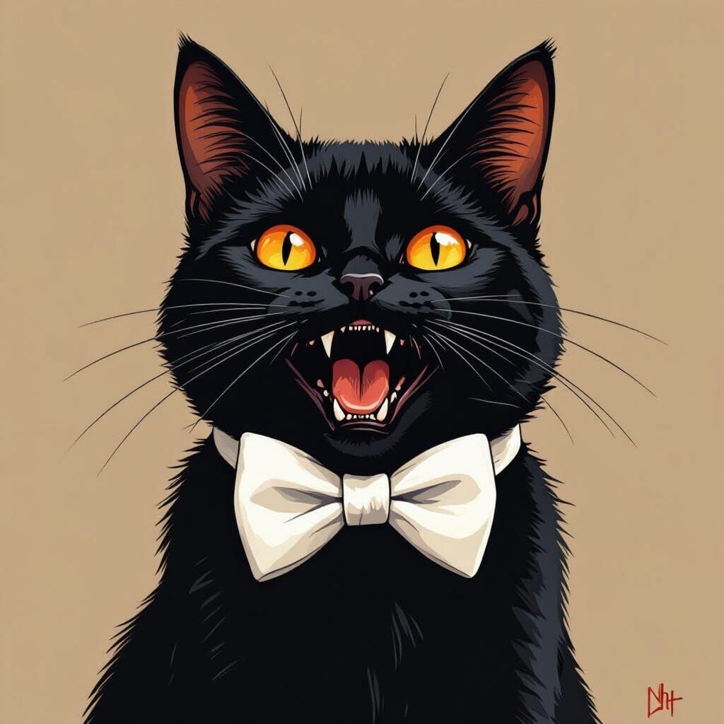 Black Cat with Fangs and Bow Tie, Decorative Style