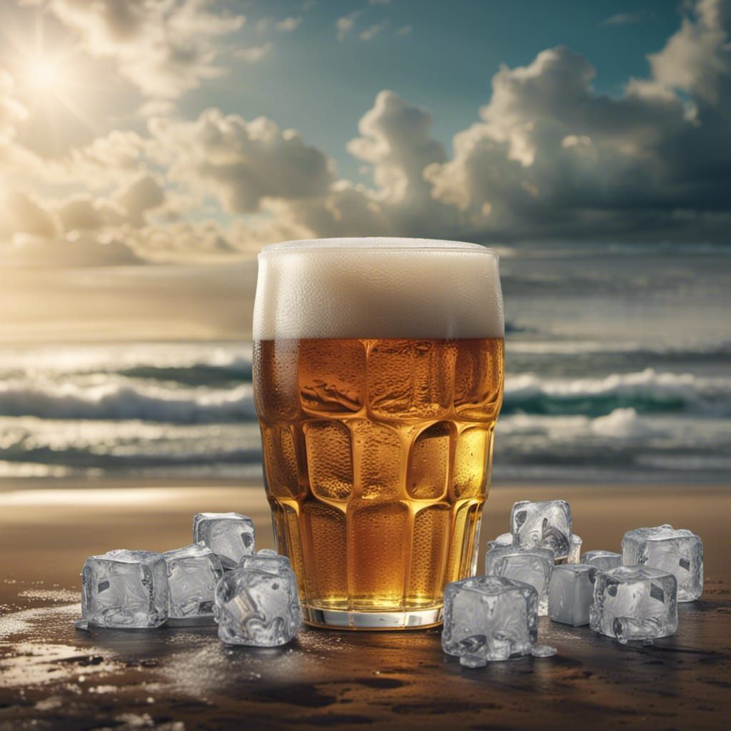 Icy Beer on Beach with Ocean Waves