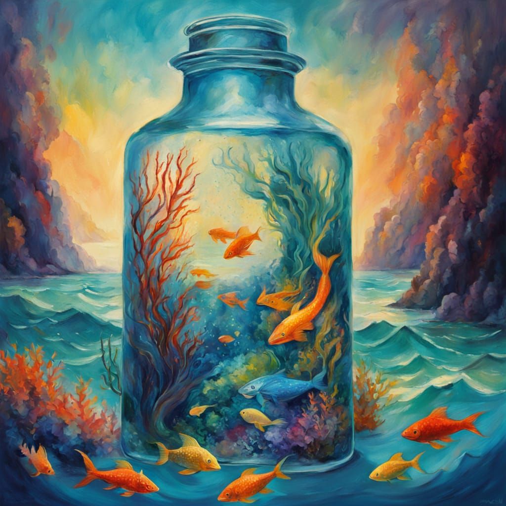 Vibrant Mermaid in Glass Bottle, Surrealist Macro Photograph...