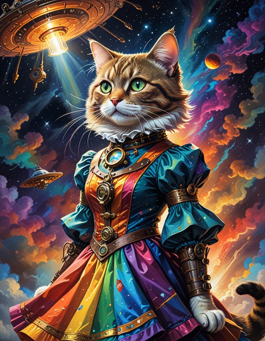 Steampunk Cat in Rainbow Dress Under UFO Lights