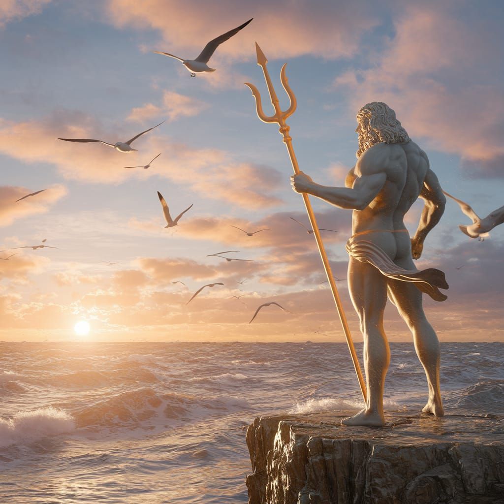 Poseidon Overlooking the Ocean in 3D Render