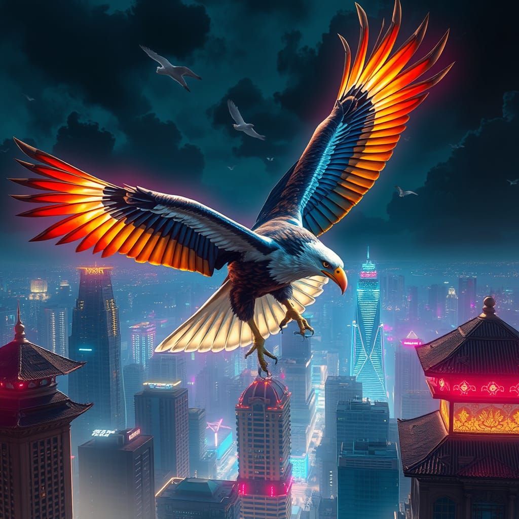 Cyberpunk Philippine Eagle Soaring Over Neon City