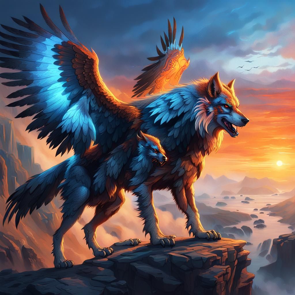 Griffin-Wolf Hybrid on Cliff in Cyberpunk Style