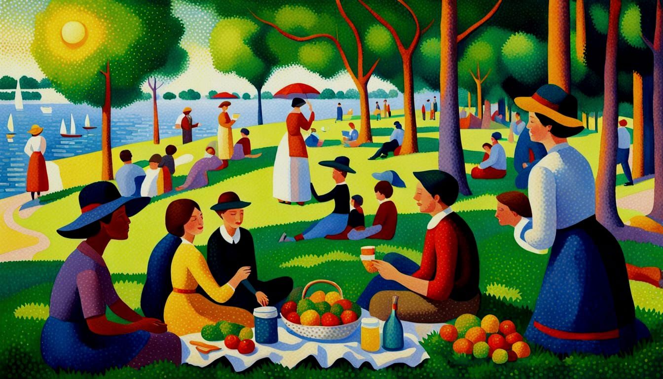 Victorian Picnic Scene in Pointillist Style