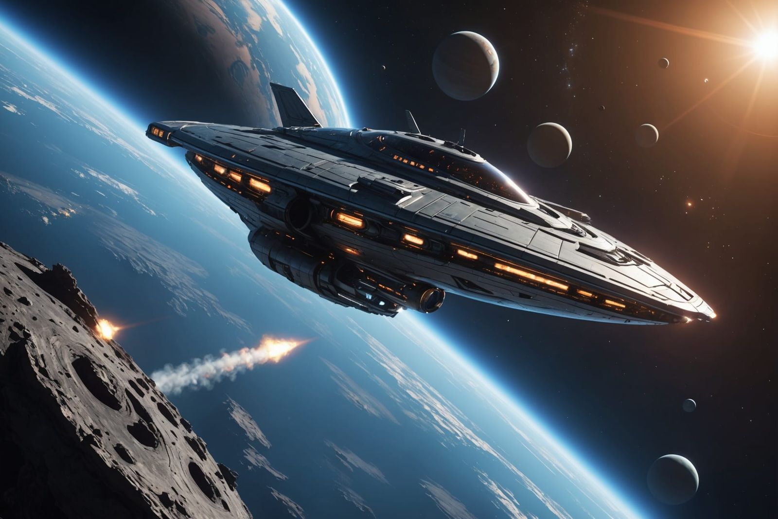 Sleek Spaceship Hovering Above a Distant Planet