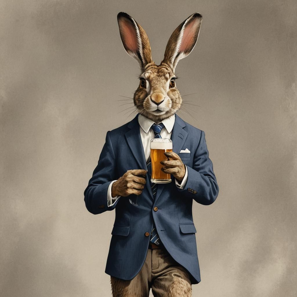 Hare in Suit Enjoying a Beer