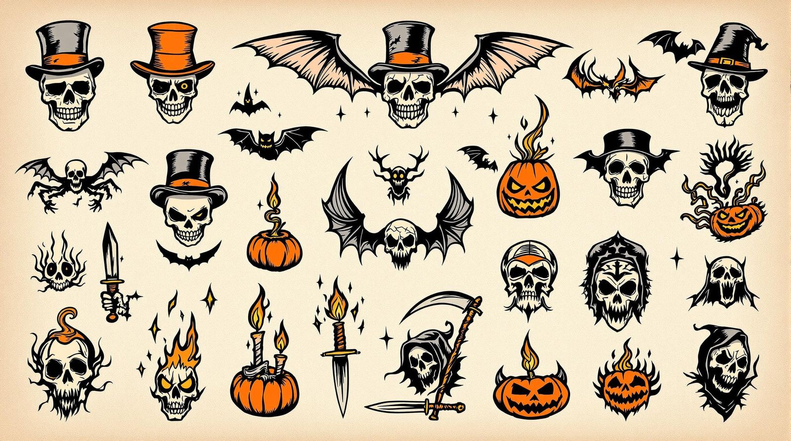 Vintage Halloween Tattoo Flash Sheet Art