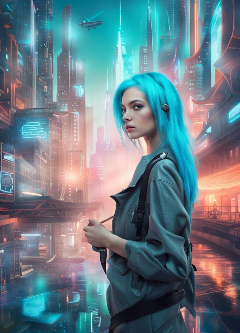 Futuristic Painter Girl in Neon Cityscape