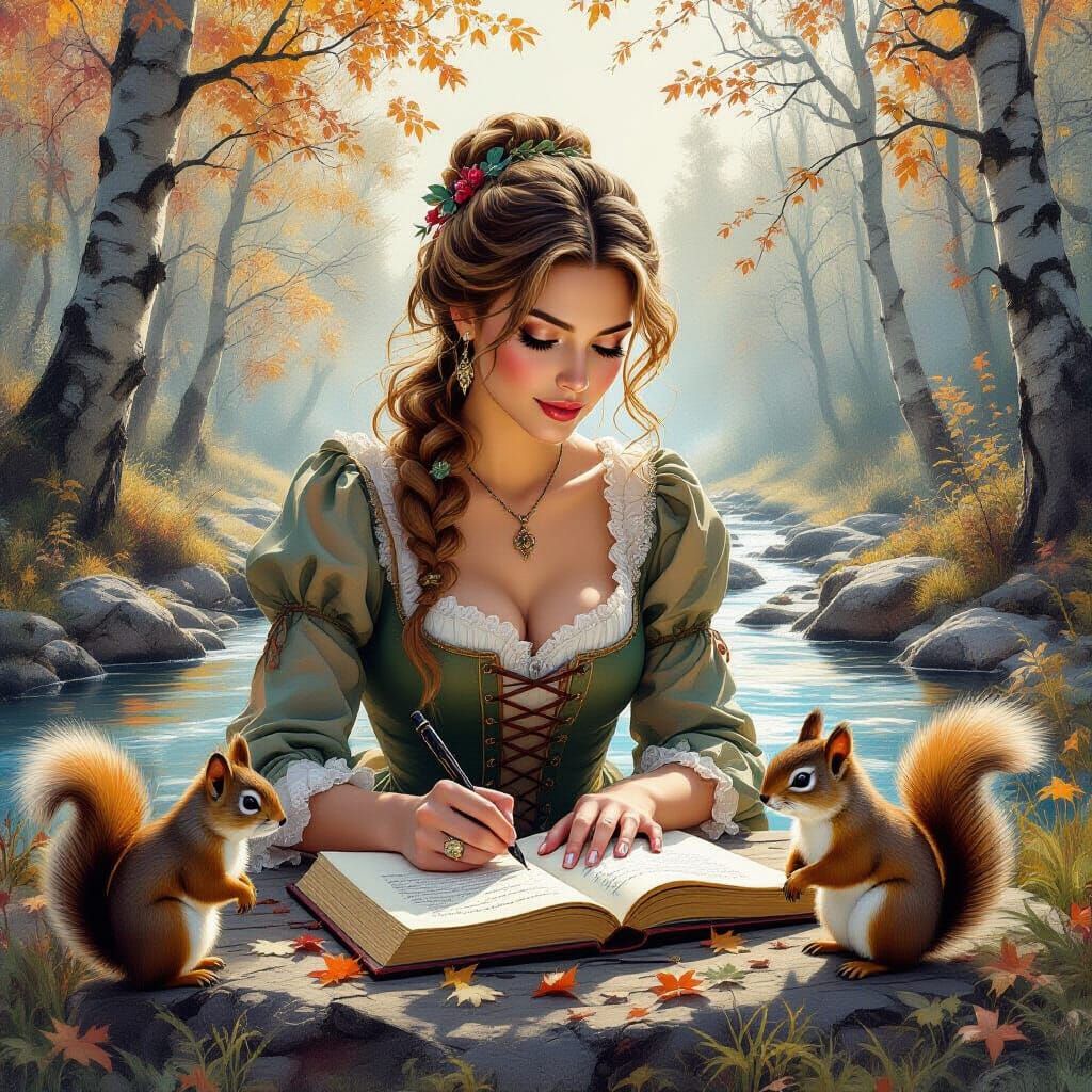 18th Century Scandinavian Woman Writing in Autumn Forest