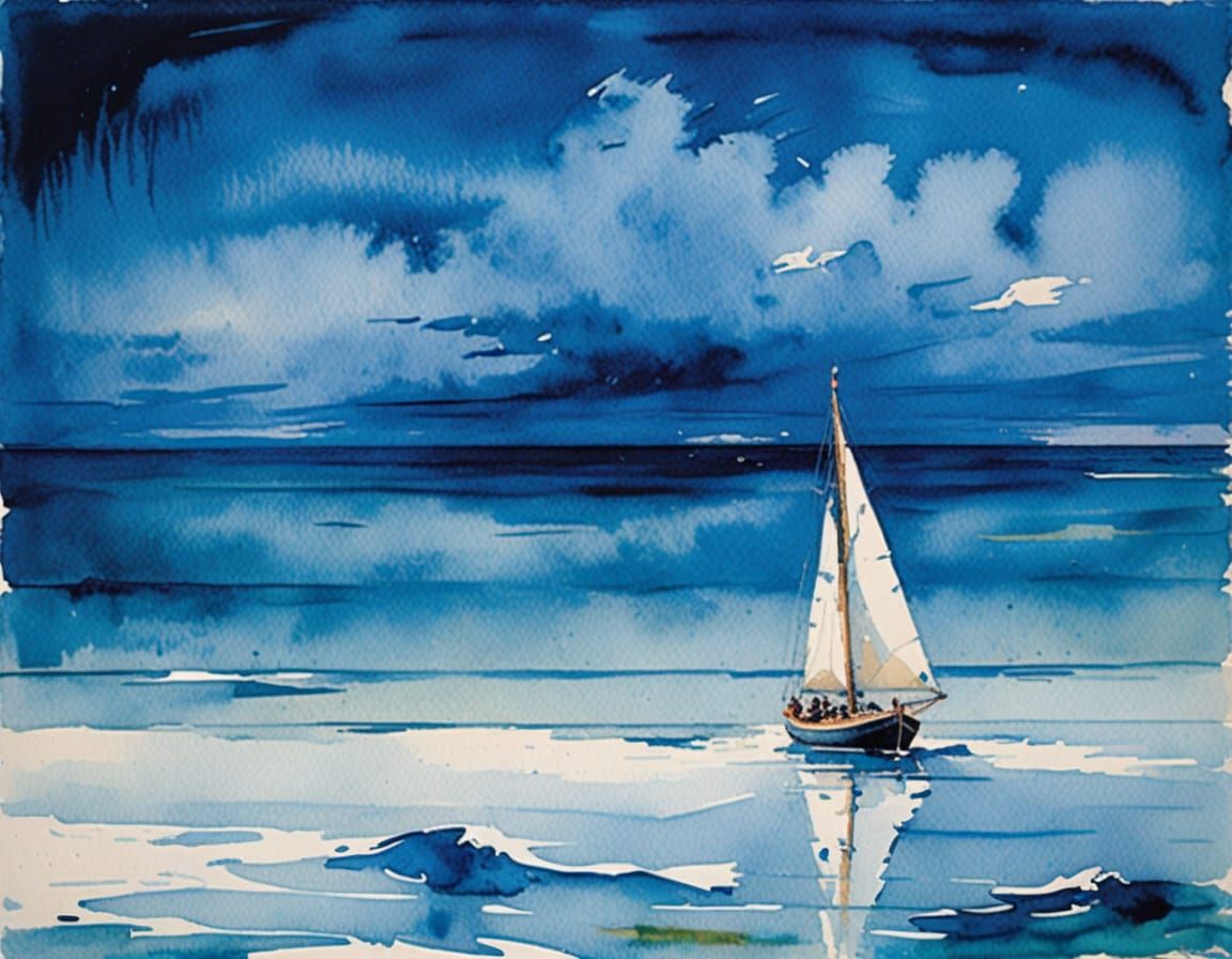 Blue Sailboat on Blue Sea: Watercolour Painting