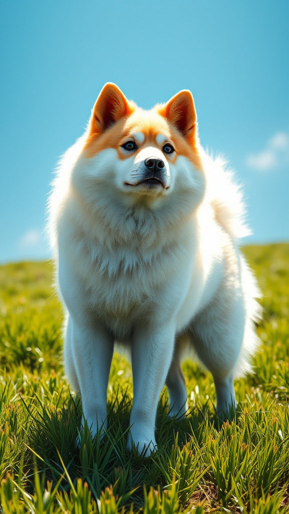 Realistic Samoyed Shiba Inu Hybrid Canine in Lush Green Land...