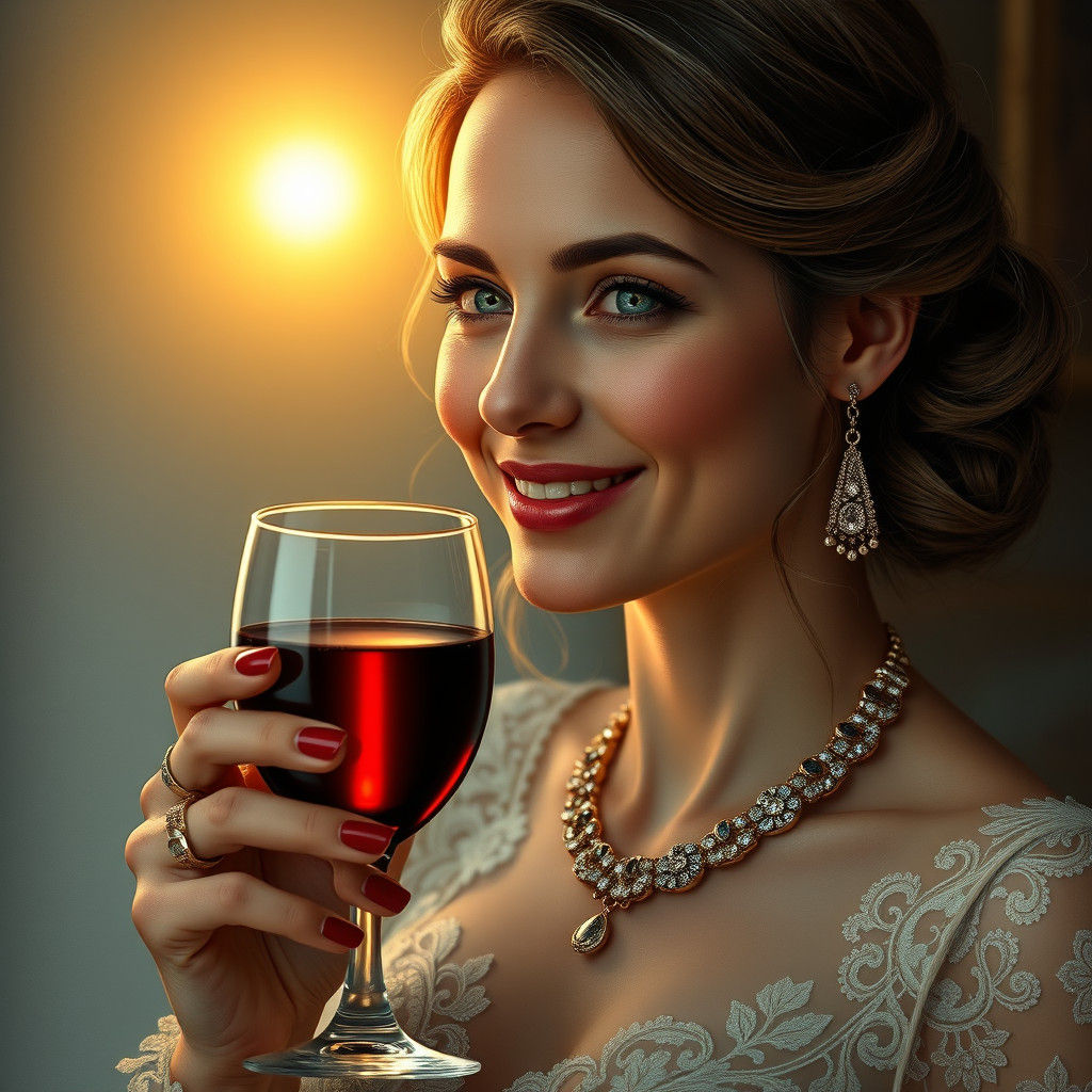 Italian Woman with Blue Eyes and Golden Wine Glass