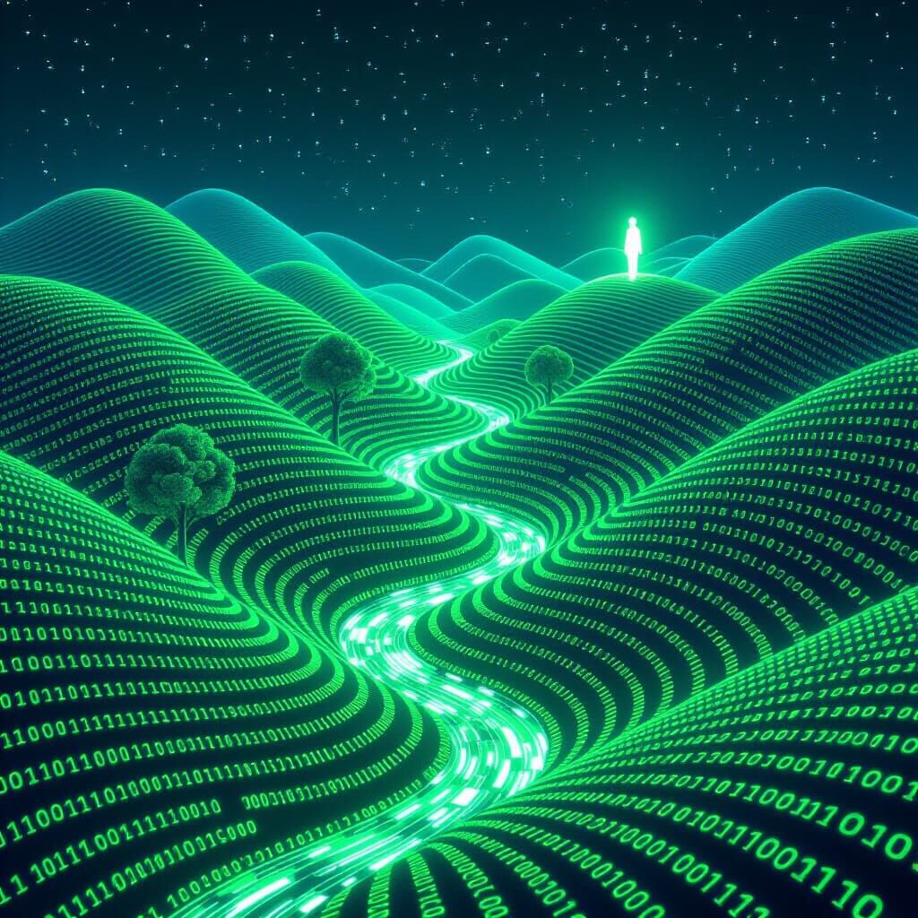 Digital Landscape of Binary Code Hills and Data Rivers