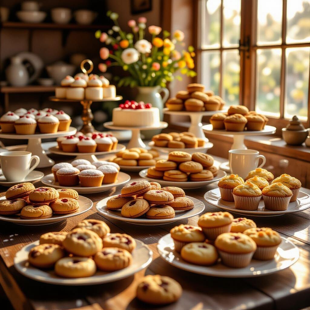 Abundant Pastries on Table in Golden Hour Light